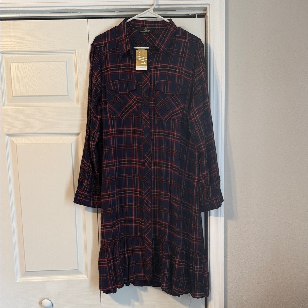 Suzanne Betro Navy and Red Plaid Long Sleeve Dress